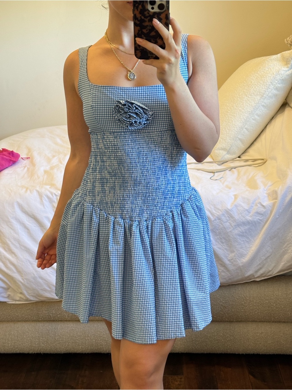 Anthropologie Blue Gingham Smocked Mini Dress
